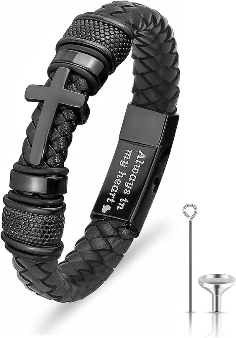 YOUFENG Urn Bracelet for Human Ashes Leather Cremation Knot Cross Bracelet Stainless Steel Keepsake Cuff Bangle Jewelry for Men - Image 1